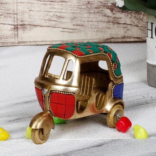 Brass Auto Rickshaw Multicolor Gemstone Handwork Statue Home Decor Fantasy Showpiece Gift.,7.6 X 6.4 Cm