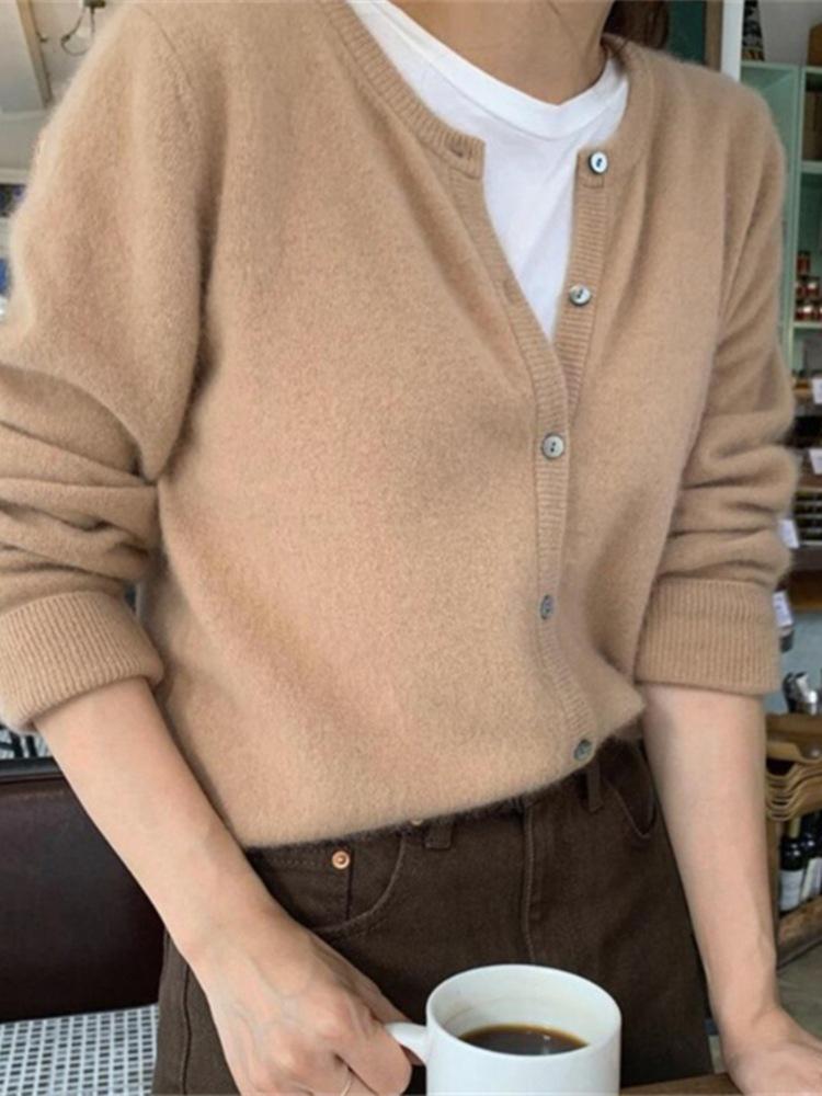 2026 Spring/Autumn Women's Korean Style 100% Pure Wool Cardigan - Round Neck, Thin Cashmere Knit Sweater Coat