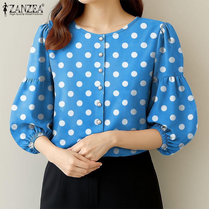 

ZANZEA Women Casual V-Neck Loose Polka Dot Print 3/4 Sleeve Blouse S жёлтый