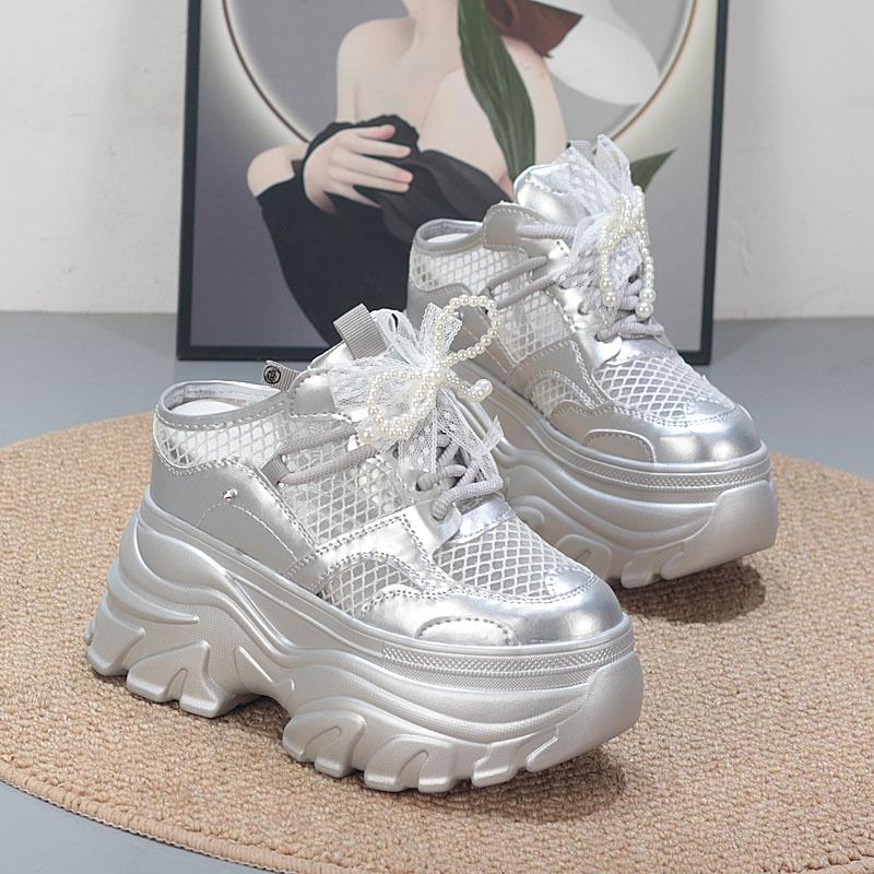 Fashion 11CM Air Mesh Lace Genuine Leather Comfy Platform Wedge Slippers High Brand Breathable Summer Platform Wedge Casual Shoes