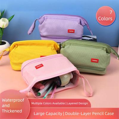 Simple Oxford Cloth Pencil Bag Double-layer Multifunctional Stationery Bag Portable Large Capacity Pen Case Gift