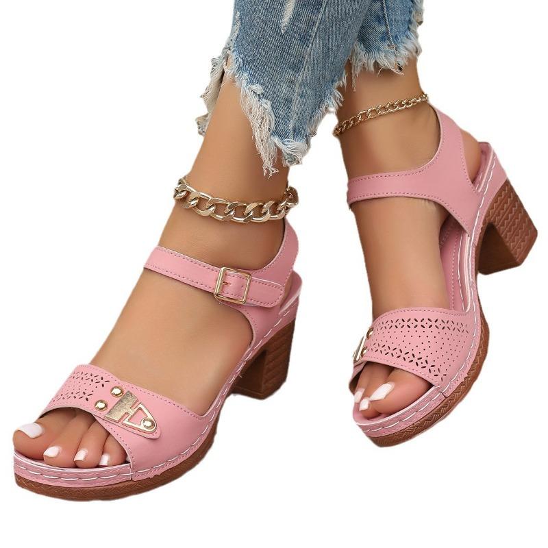 Summer New Women's Chunky Heel Sandals Plus Size High Heel Outdoor Casual Sandals