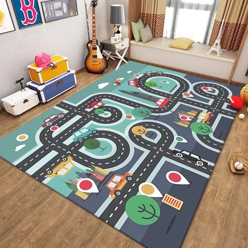 Kids Parking Lot Traffic Game Carpet Boy Car Cartoon Road Track Carpet Driveway Floor Mat Kids Game Crawl Floor Mat Home Decor