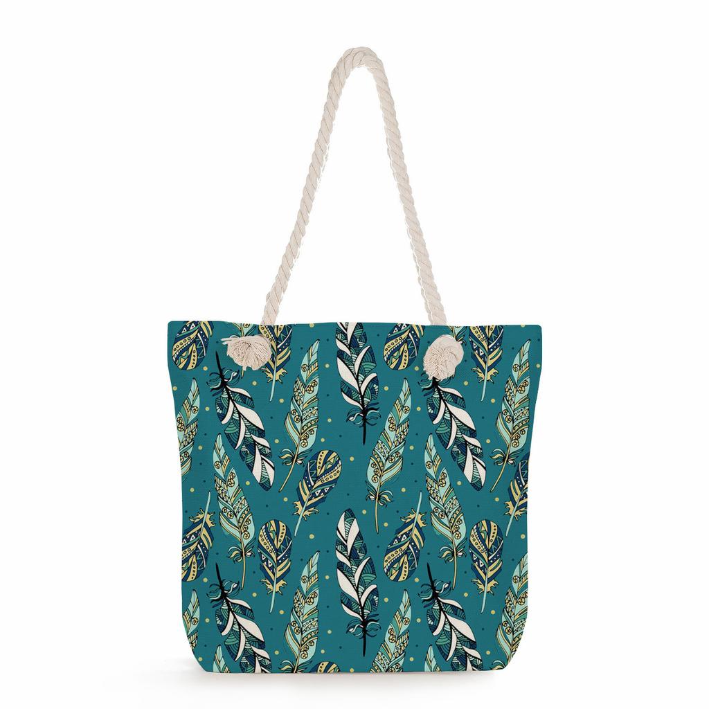 Feather print thick rope single-shoulder beach bag 7221
