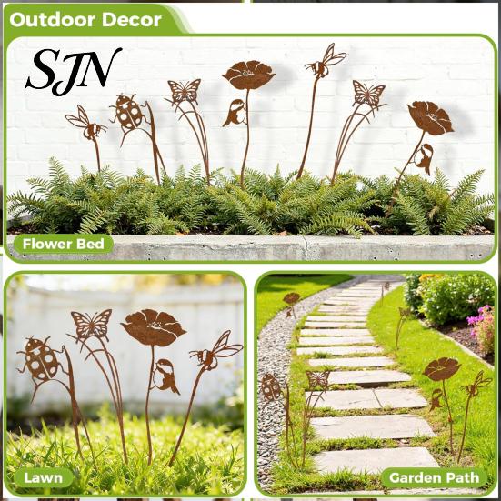 Rust Colored Garden Accents Rusty Silhouette Stake, Rustic Flower Pot Insert for Patio, Vintage Metal Stakes Bird Bee Butterfly And Ladybug