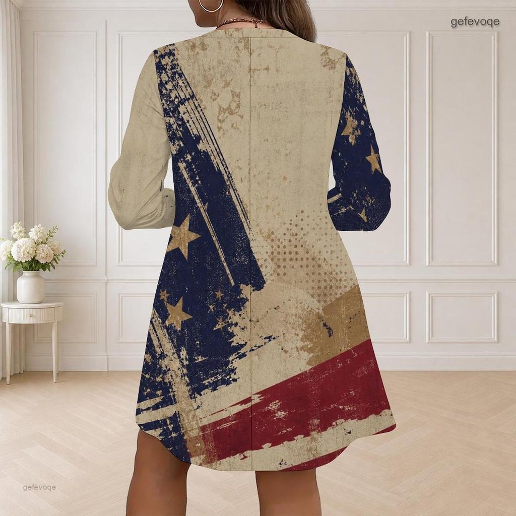 Women Plus Size V Neck Long Sleeve American Flag Printed Loose Curved Hem Dress