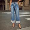 Jeans Dritti a Vita Alta da Donna con Fondo Risvoltato Denim Elasticizzato Vintage