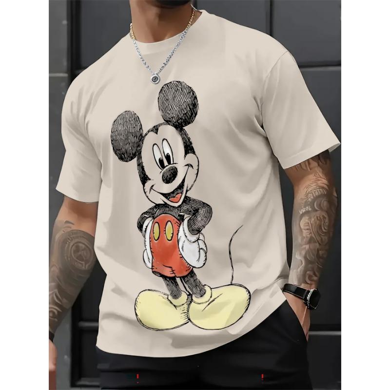 Retro Hand-Drawn Mickey Mouse Print Men's Beige T-shirt Summer Casual Top