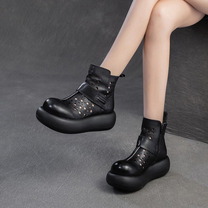 Johnature Retro Breathable Hollow-out Summer Boots Genuine Leather Short Boots Versatile Women's Flat Platform Shoes