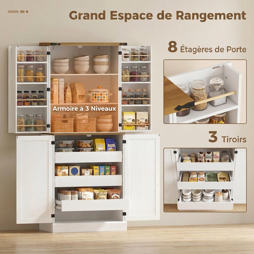 Kitchen Sideboard, High, 4 Doors, 3 Drawers, 8 Adjustable Racks, 76 x 40 x 182 cm, White