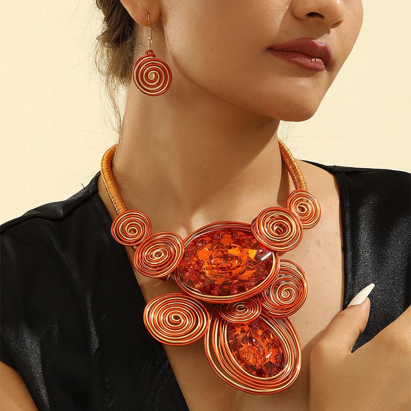 New Design Trendy Crystal Gem Aluminum Wire Handmade Woven Statement Necklace And Earring Set For Women's Banquet Accessories