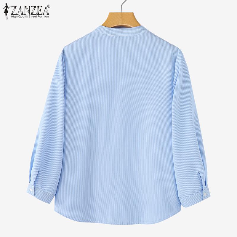 ZANZEA Womens Casual Stand Collar Loose 3/4 Sleeve Stripe Blouse