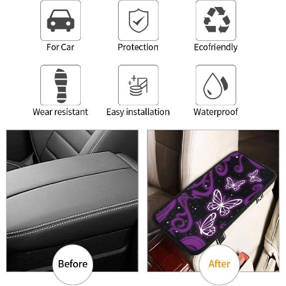 Universal Car Center Console Cushion Pad, Purple Butterfly Soft Waterproof Car Center Console Cover Auto Armrest Seat Box Cover Protector for Most