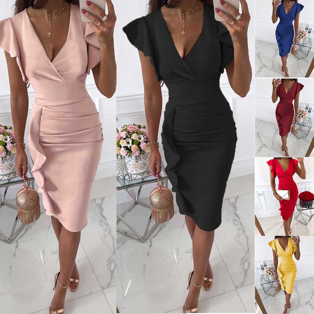 

Женщины Без рукавов Оборки Рухле Бодикон Миди Платье Дамы Коктейль Вечеринка Сарафан