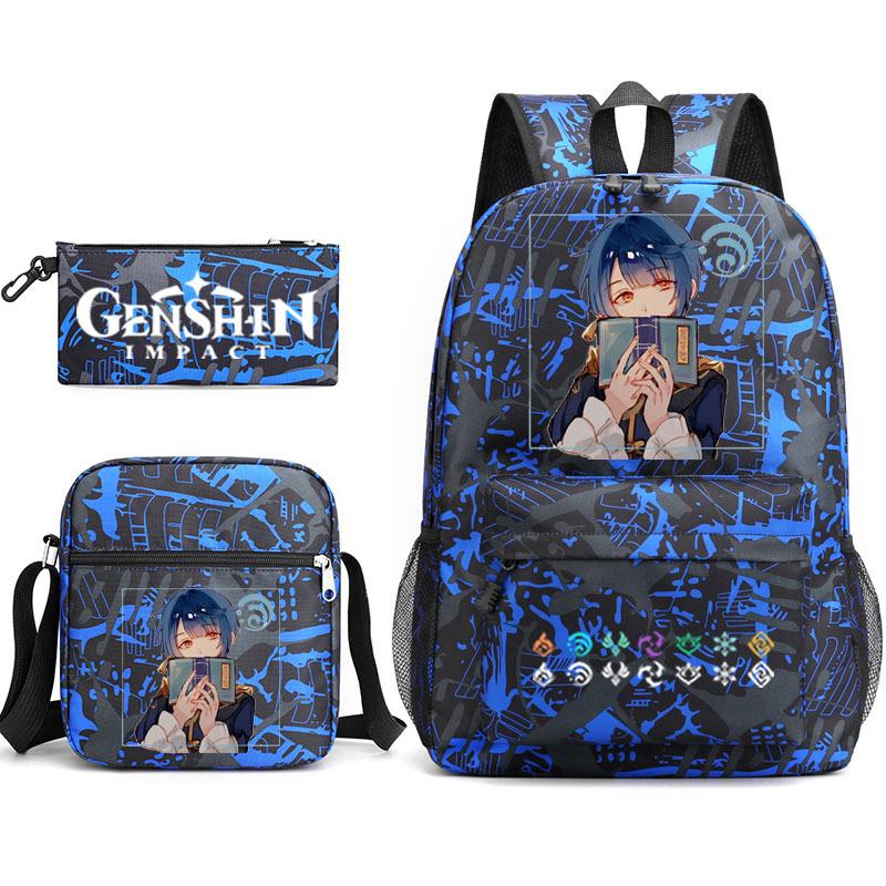 Impression Populaire Classique Genshin Impact Lot de 3 pièces Sacs d'école pour élèves Sac à dos pour ordinateur portable Sac à dos Sac à bandoulière incliné Trousse à crayons