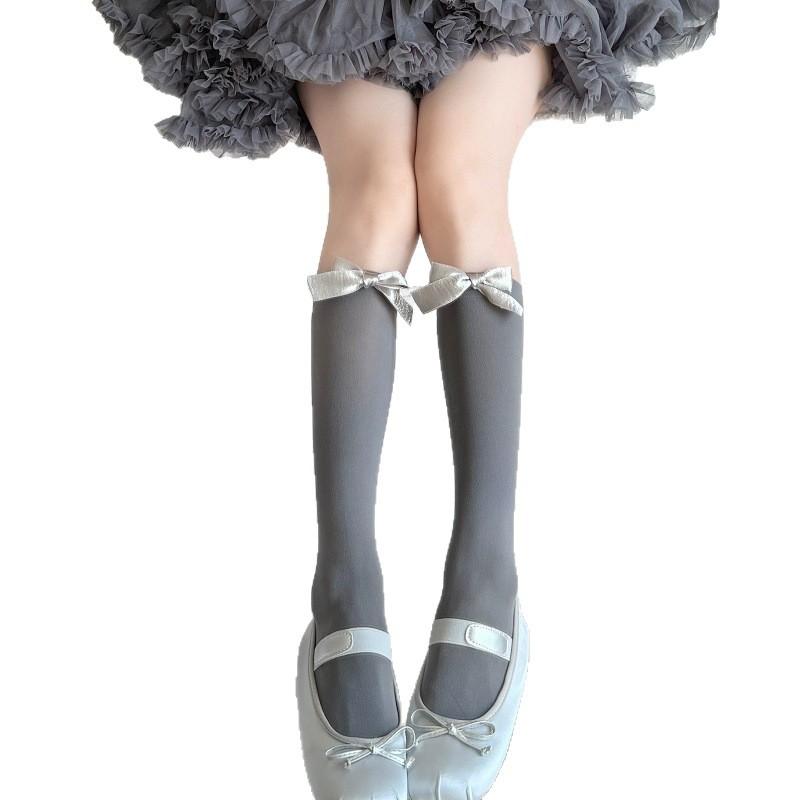 Gray Women'S Spring And Summer Thin Ballet Style Niche Calf Socks Thin Medium Tube Butterfly Gray