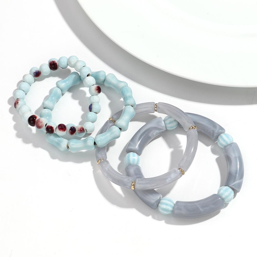 4pcs Bamboo Tube Acrylic Elastic Bracelets for Women Men Boho Resin Ceramic Circle Elbow Beaded Bangle Stack Jewelry Set Gift