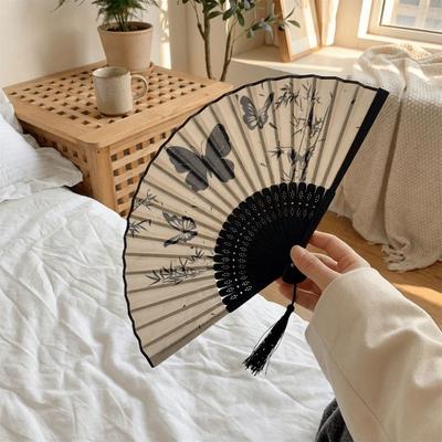 Portable Vintage Silk Folding Fan Wooden Handle Chinese Style Bamboo Fan Handmade Butterfly Print Decorative Fan Dance Props