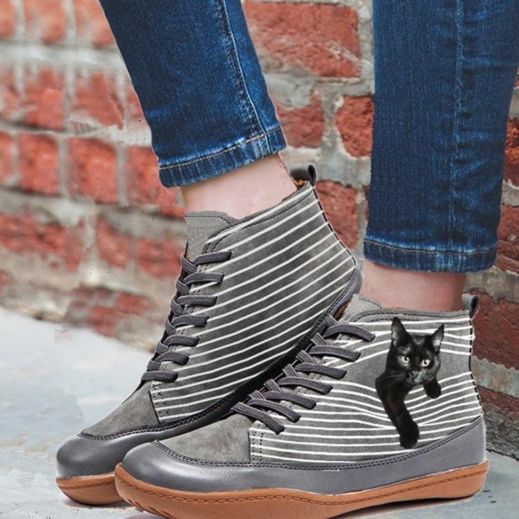 Cartoon Cat Solid Color Large Size High-top Single Shoes Autumn New Lace-up Short Boots Women