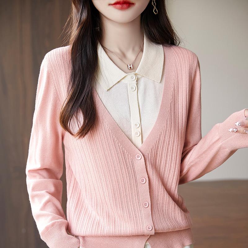 Women's 2024 French Retro Two-Piece Knit Cardigan with POLO Collar - Color Block Loose Sweater Top