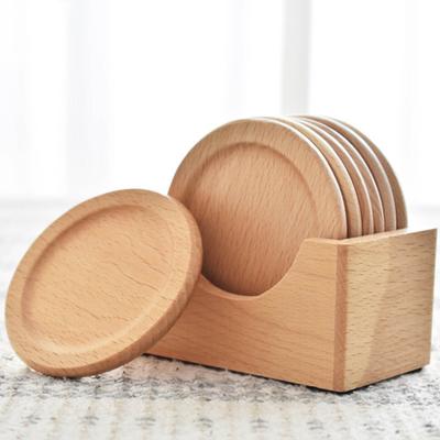 7Pcs/Set Wooden Coaster with Storage Box Japanese Style Natural Wood Heat-resistant Non-slip Countertop Round Drink Coffee Tea Cup Holder Kitchen