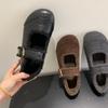 Retro Fluffy Shoes Fleece Warm Mary Jane Shoes Women's One-word Buckle with Shallow Mouth Round Head Flat-soled Single Shoes
