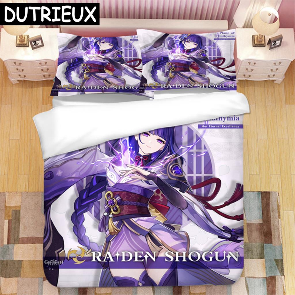 Genshin Impact Raiden Shogun 3D Printed Bedding Set Duvet Covers Pillowcases Comforter Bedding Set Bedclothes Duvet Cover