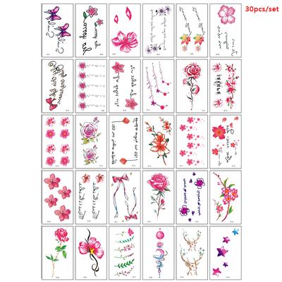 30 Sheets 3D Butterfly Flower English Pattern Temporary Tattoo Sticker,Small Size Body Arm Shoulder Wrist Fake Tattoo Sticker