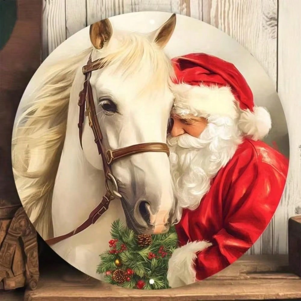 

Vintage Santa Horse Aluminum Sign 8x8 Round Wall Decor Christmas Home Office Cafe Holiday Gift 20x20