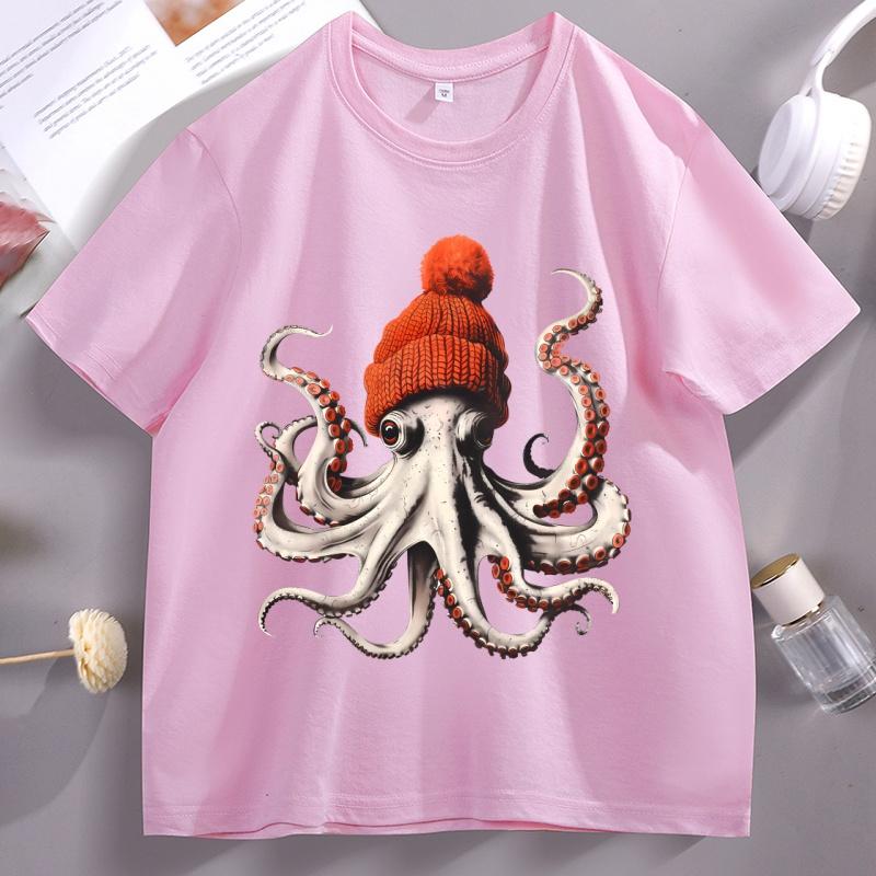2026 Hot Sale Funny Octopus Wearing Beanie Retro T-Shirt Unisex Funny T Shirt 90s Graphic Tee Cotton Short Sleeve Male Tees Y2k Clothing Top