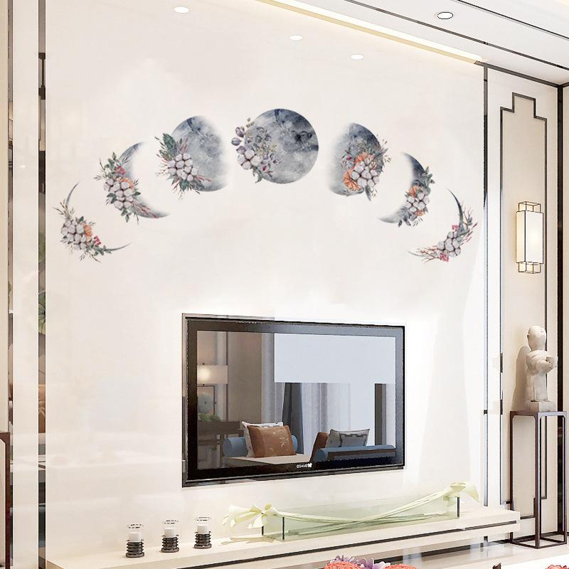 Customizable Moon and Floral DIY Wall Sticker for Kids Bedroom TV Background Removable Self-Adhesive Home Decor