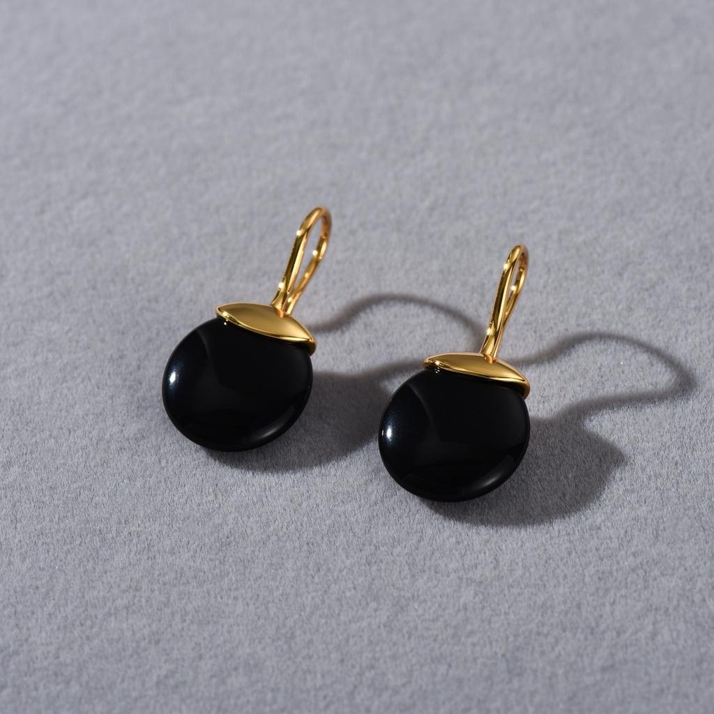 Niche Personality Unique Simple Fashion Brass Plated 18K Real Gold Inlaid Black Agate White Fritillary Pendant Earrings Women