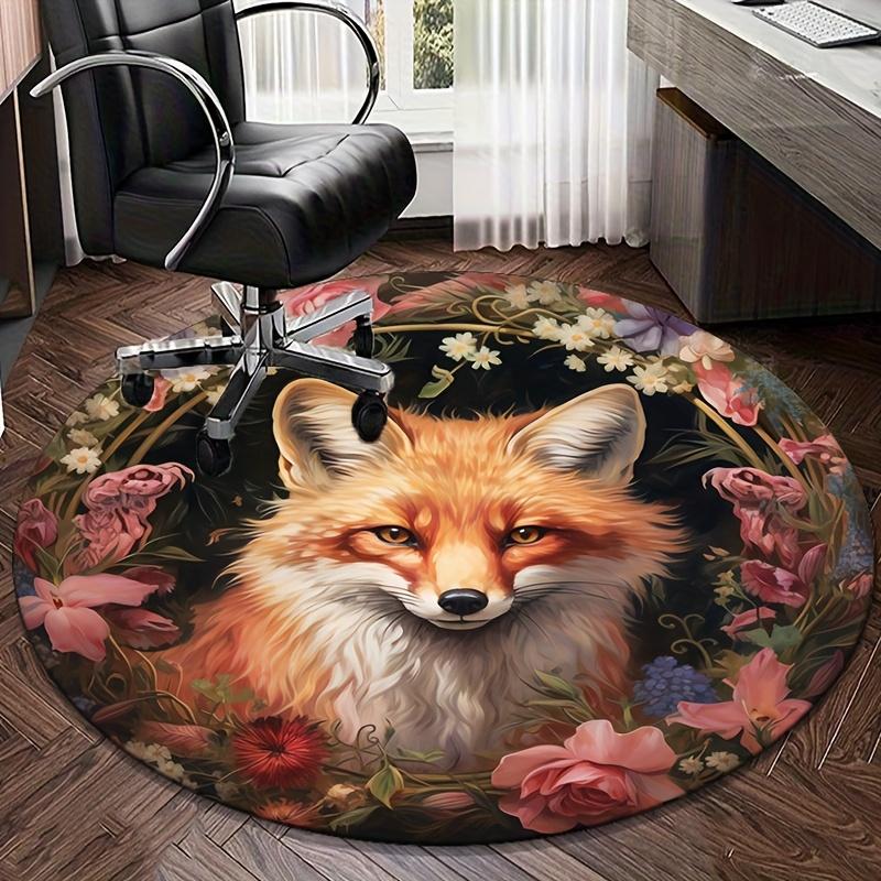 Fox Floral Round Rug Crystal Velvet Floor Mat Animal Nature Art Decorative Home Bedroom Living Room Area Rug for Kids Teens