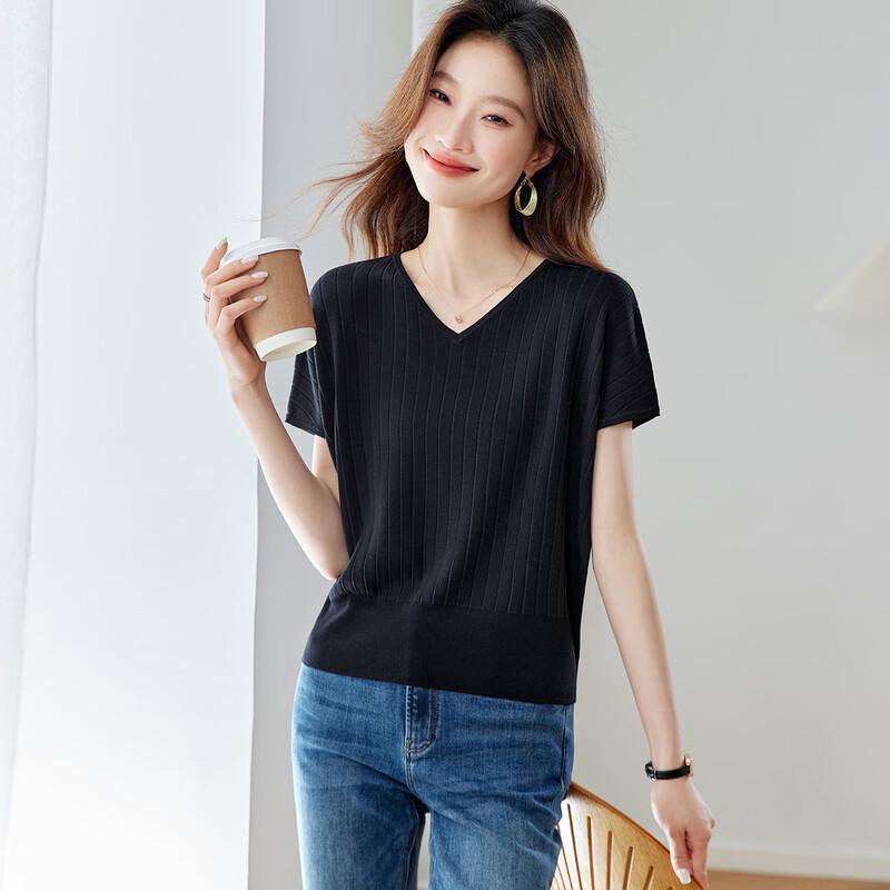 Srcr Women s 26% Mulberry Silk Loose Batwing V-neck Knit Short Sleeve Top M