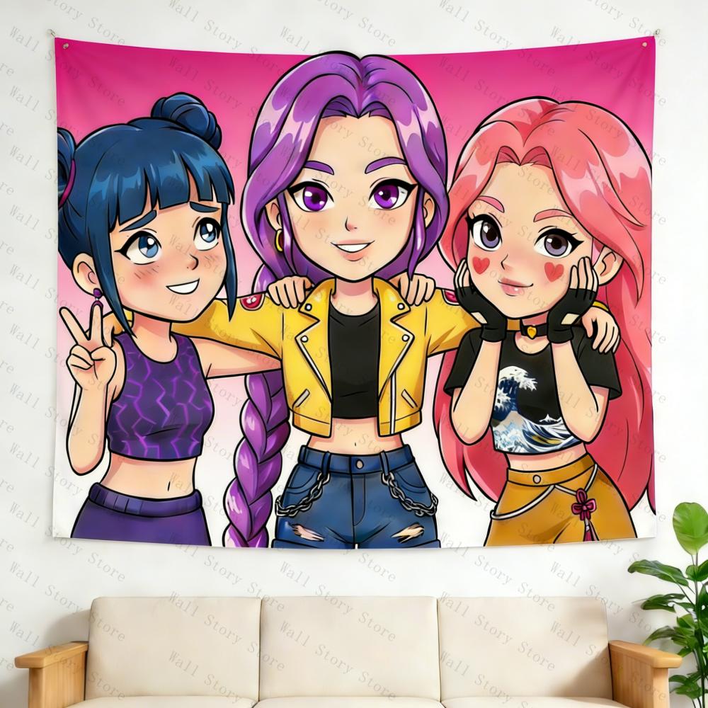 Trendy Kpop Wall Tapestry Cute Cartoon Starry Backdrop Aesthetic Room Decor for Kpop Fans Durable  Washable Bedroom Tapestry