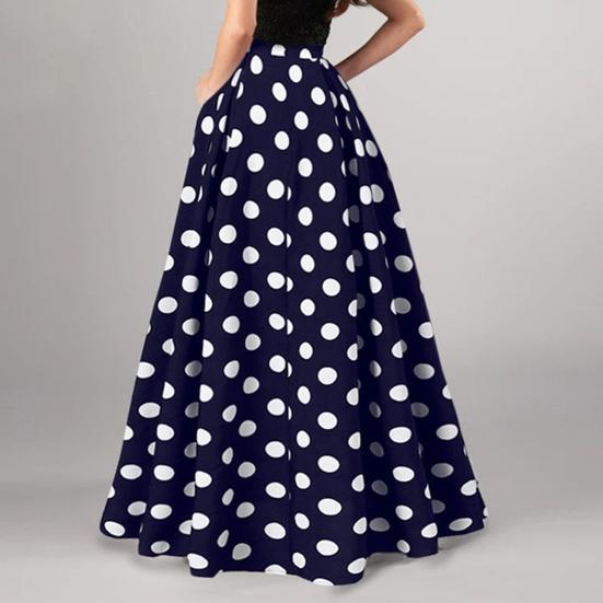 Women Maxi Skirt High Waist Color Matching Dot Print Retro A-line Big Hem Side Pockets Loose Full Length Soft Elastic Waist Lady Prom Party Long Skirt