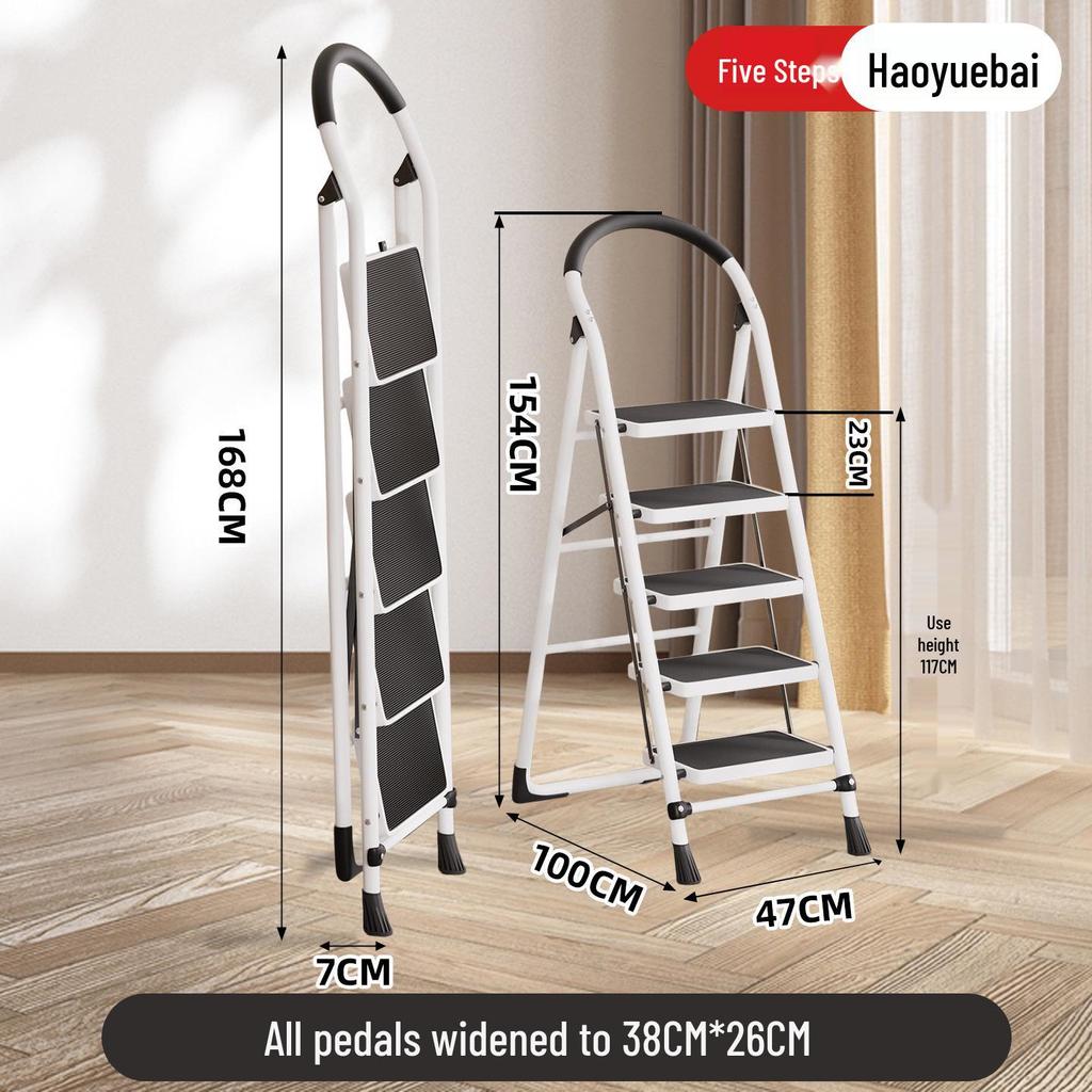 Portable A-frame Ladder with Tool Tray and Handrail, Wide Pedal for Indoor Use