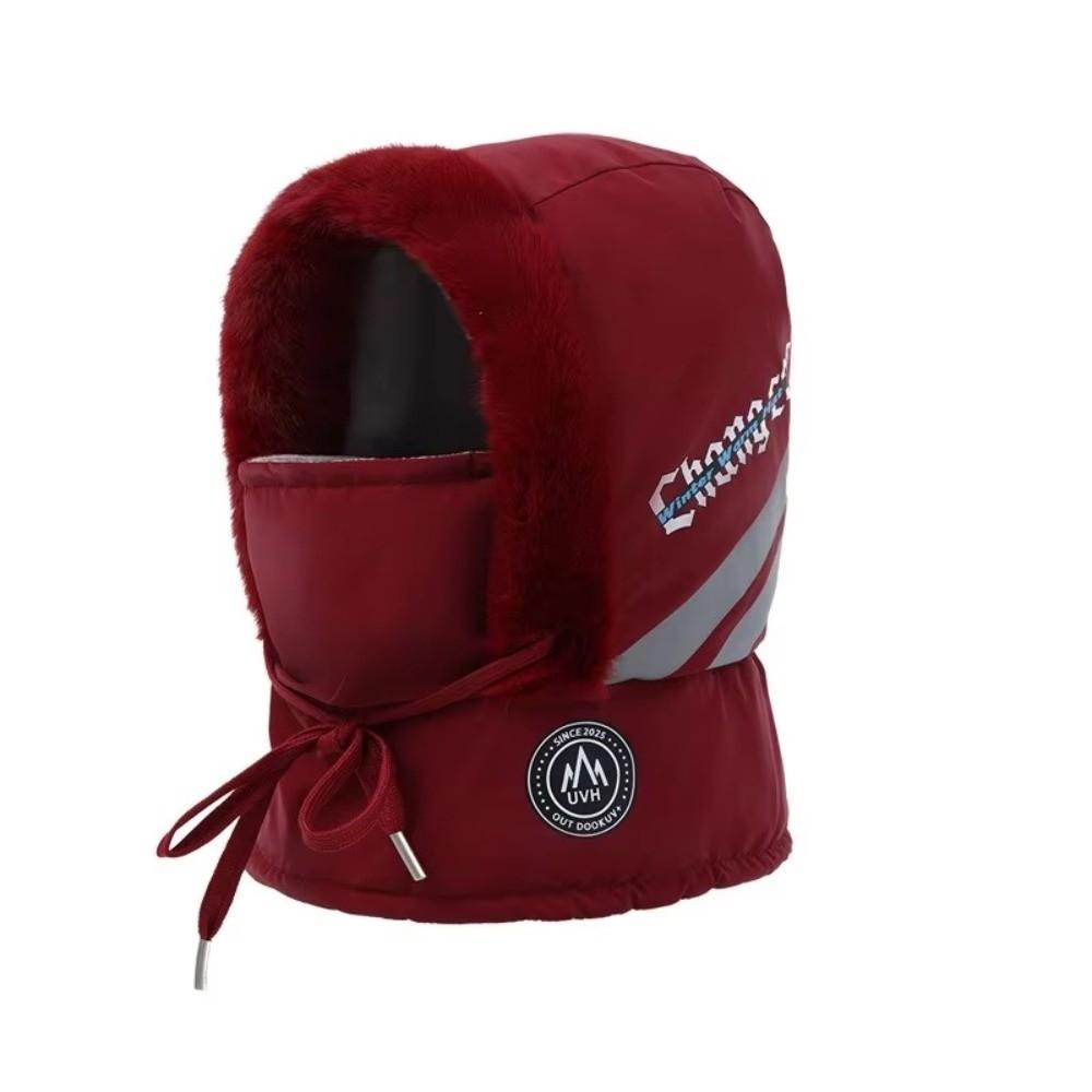 

Plush Beanies Cap Thickened Ear Protection Hat Fashion Hooded Face Mask Unisex вина червоного кольору