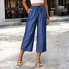 Women Drawstring Waist Loose Fit Cropped Pants with Pockets and Button Detail Casual Straight Leg Trousers