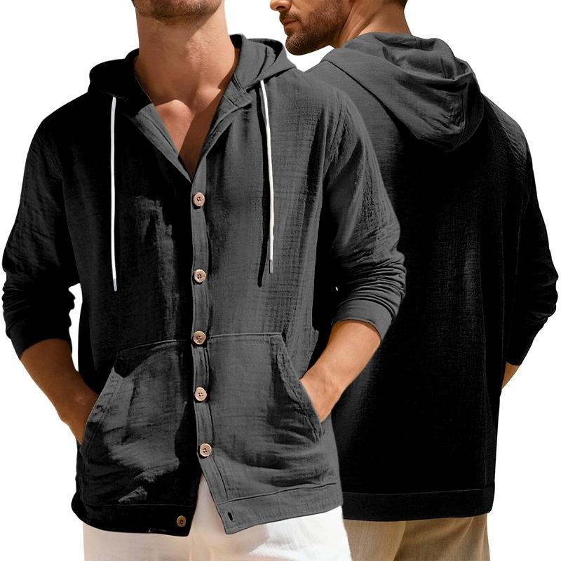 Men's Linen Shirt Solid Streetwear Long Sleeve Hoodie Cardigan Clothing for Men Button Tops Casual Loose Men Hooded Shirt