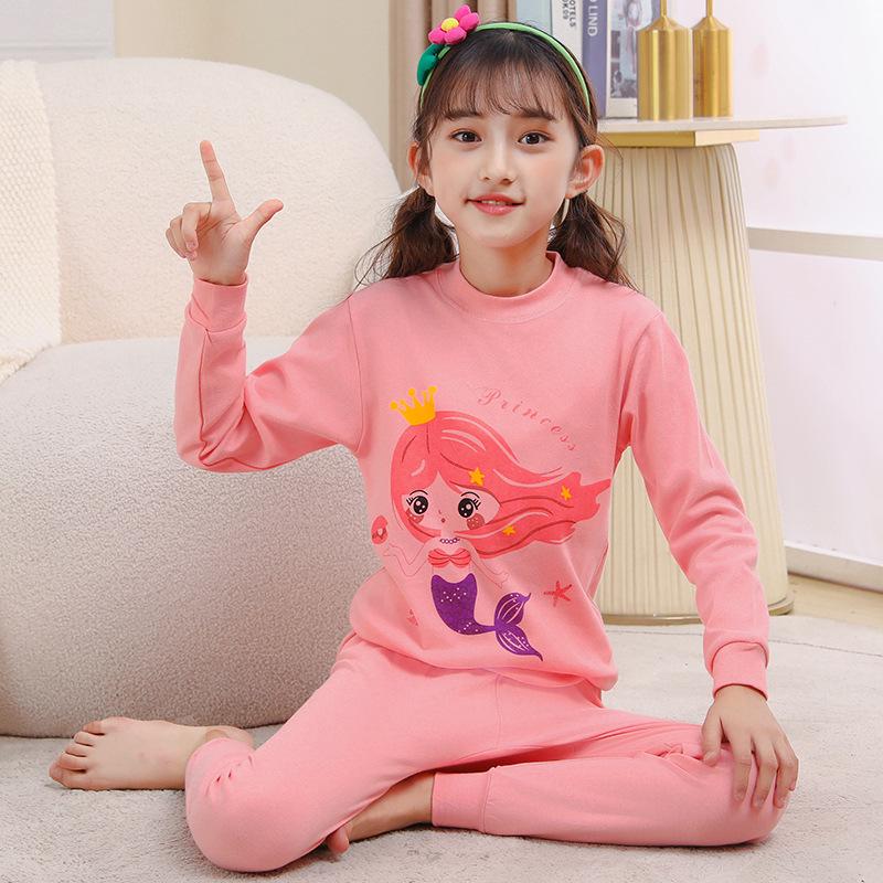 Kids' Cotton Pajama Set: Boys' Warm Underwear or Girls' Autumn Sweater and Pants, Small to Medium Sizes.