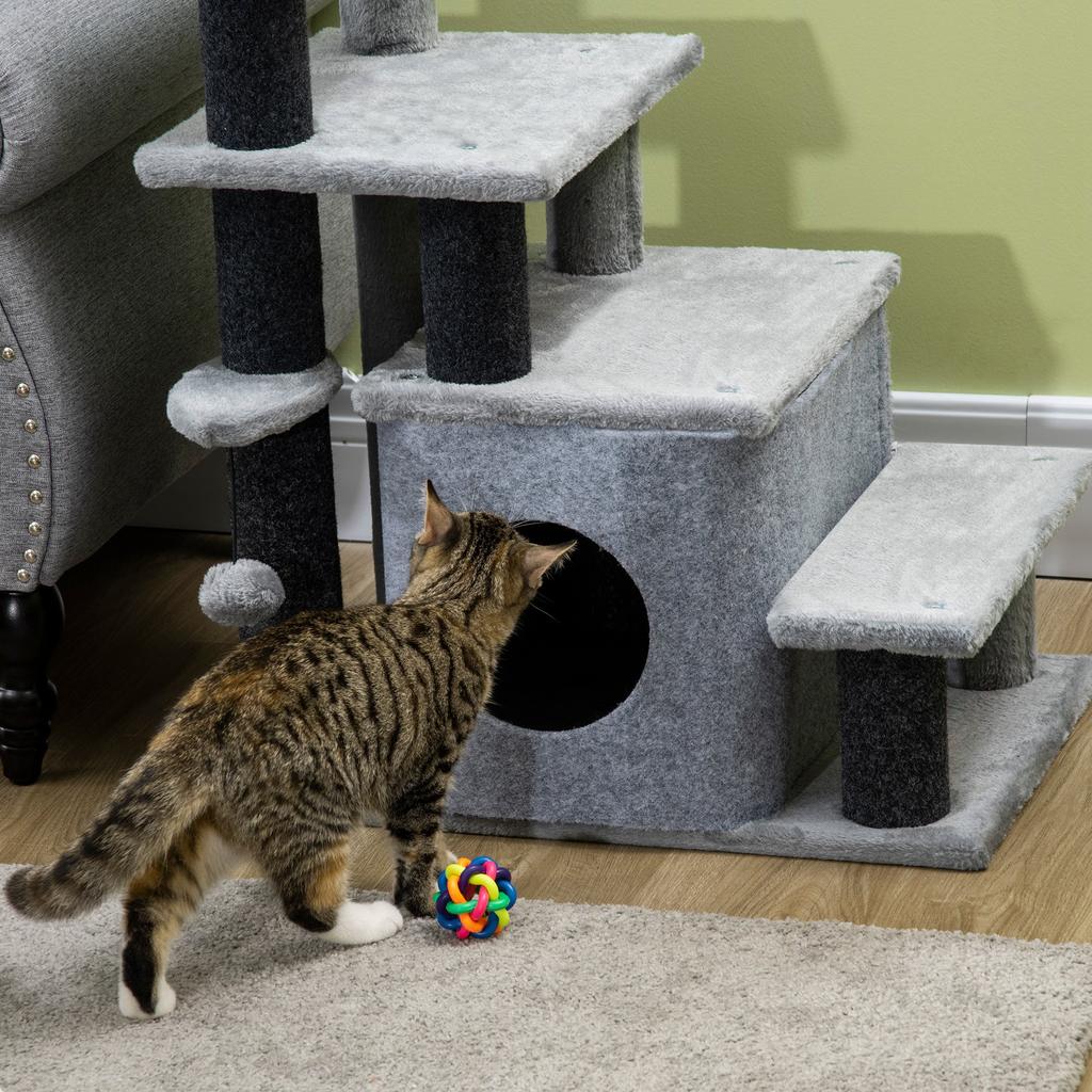 Adjustable Cat Steps, with House & Hanging Toy Ball - Grey
