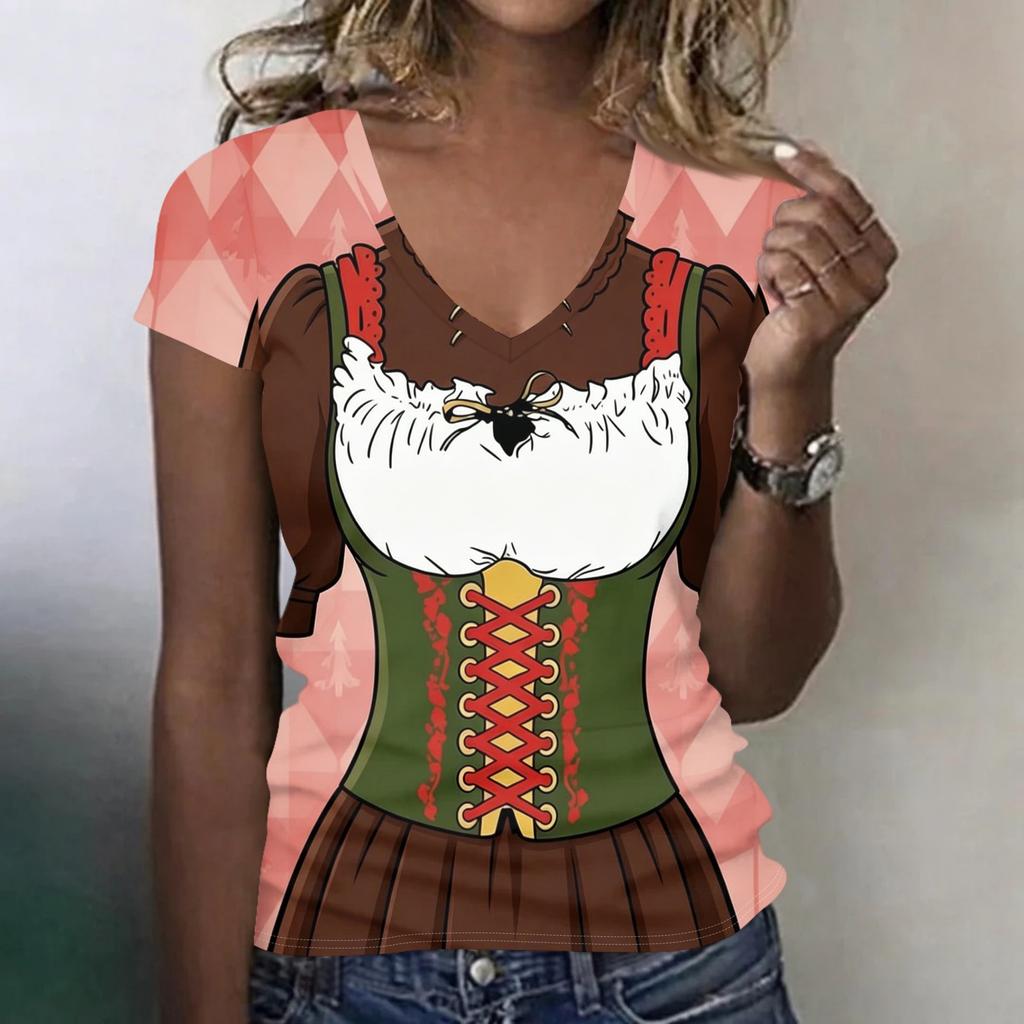 Dámské ležérní tričko s V výstřihem, krátkým rukávem, potiskem Oktoberfest, top, lehké, pohodlný střih, měkká látka