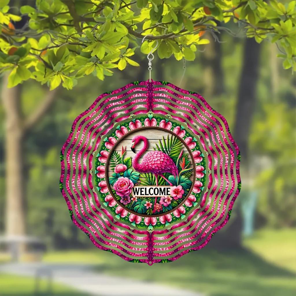 Vibrant Flamingo Wind Spinner 10 Inch 2D Kinetic Metal Hanging Ornament with Colorful Feather Design Welcome Text for Garden Yard Decor