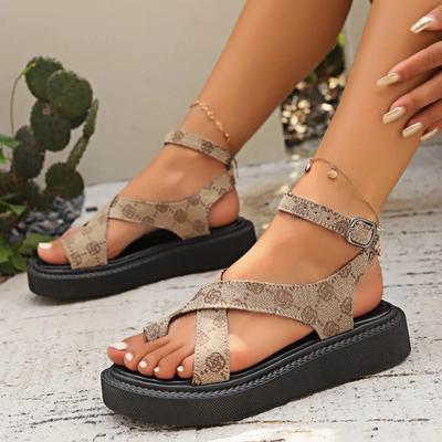 Damskie sandały na grubej podeszwie Lato Nowy styl Drukowane Wąskie paski Projektant Płaskie sandały Outdoor Klapki Okrągły nosek Zapatos De Mujer