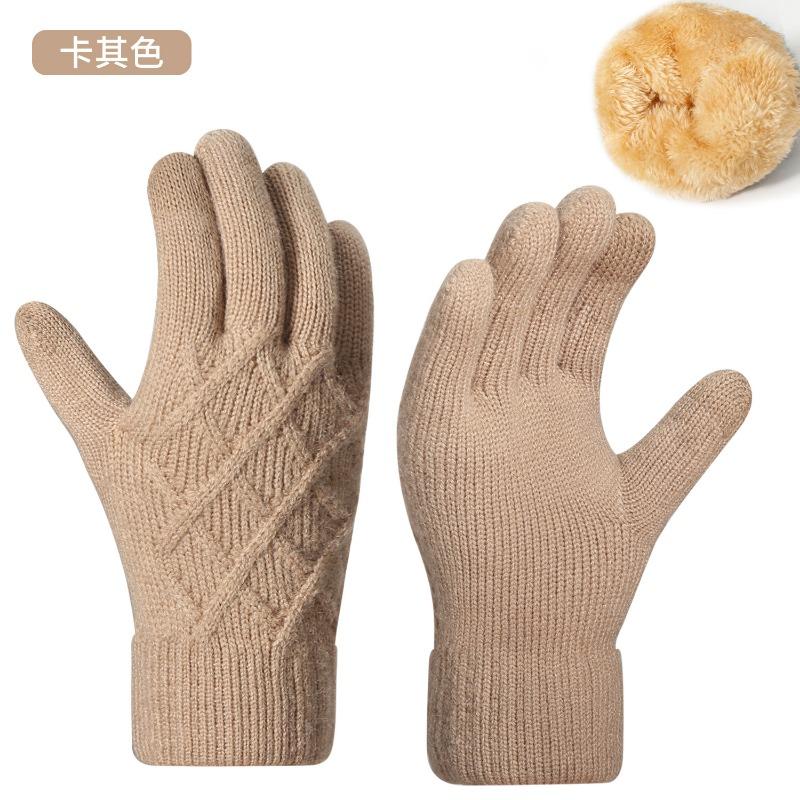 Women's Autumn and Winter Knitted Gloves Double-layer Velvet Thickened Thermal Gloves Simple Jacquard Touch Screen Gloves