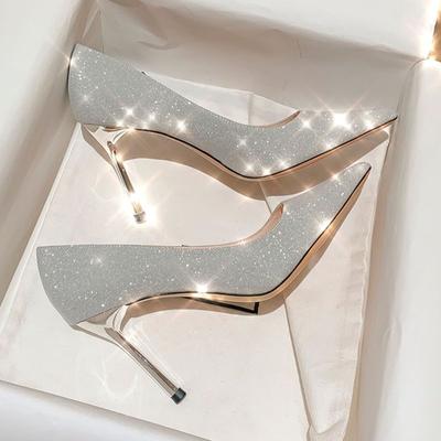 Moda Damskie Buty Francuska Wróżka Wysoki Obcas Szpilka Błyszczące Wysokie Obcasy Sandały z Czubkiem Damskie Eleganckie Towarzyskie Buty z Odkrytą Piętą Q42