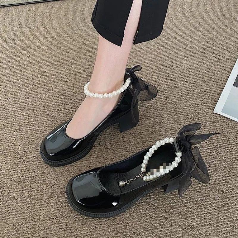 Женские туфли на высоком каблуке с противоскользящей подошвой - Новая модель - Кожаные туфли на толстом каблуке - Однотонные туфли 35 чёрный