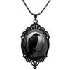 Gothic Retro Dark Oval Lacework Crow Moon Glass Pendant Necklace for Women Hallowmas Party Punk Fashion Jewelry Accessories Gift
