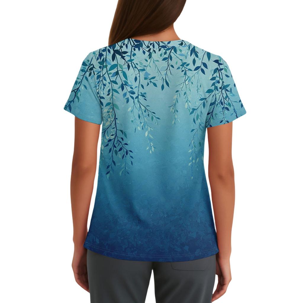 Niedlich bedruckte Arbeitskleidung für Damen, V-Ausschnitt, doppellagige Taschen, Basic-Kurzarm-Oberteil, Pullover